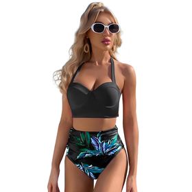 Women Vintage Swimsuit Retro Halter Ruched High Waist Bikini Two