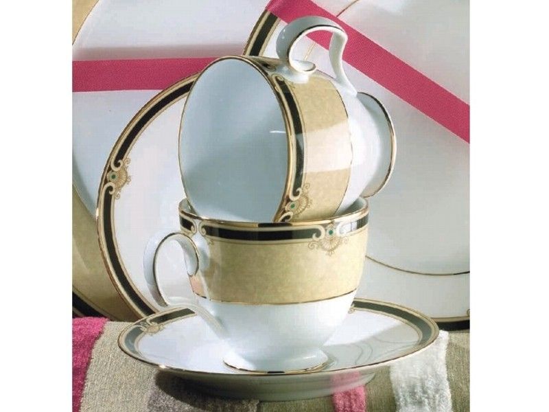 Noritake - Braidwood Cup and Saucer - White and Gold With Black Detail