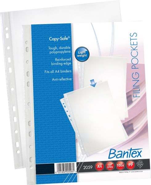 Bantex 'Copy-Safe' Multi-Punched A4 P.P Filing Pockets - 45micron (100 p/p)