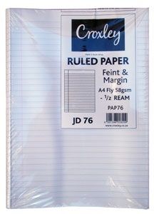 Croxley JD76 Feint &amp; Margin Fly 58gsm Ruled (½ Ream)