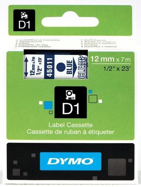 Dymo D1 Tape Cassette - Blue Print on Clear Tape (12mm x 7m)