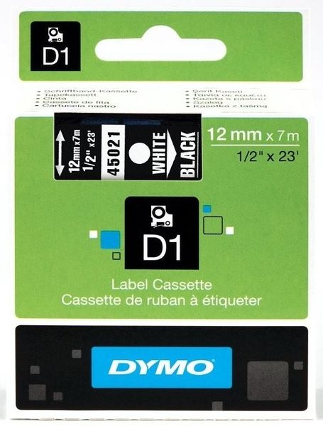 Dymo D1 Standard 12mm x 7m White on Black Label Cassette