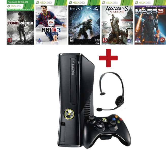 Xbox360 250gig Black Console 250GB + (Tomb Raider DLC) Halo 4 + Fifa 14 + Assassins Creed 3 + Mass Effect 3 (Xbox360)