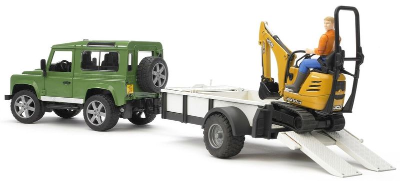 Bruder Land Rover Defender Trailer &amp; JCB Excavator with Worker