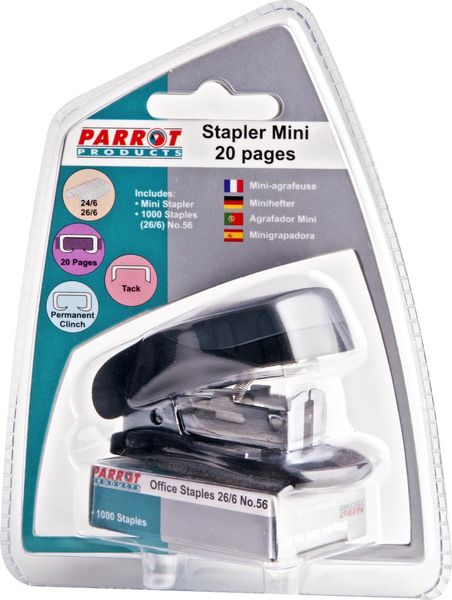 Parrot Products Mini Plastic Stapler - Black + 1000 Staples (26/6)
