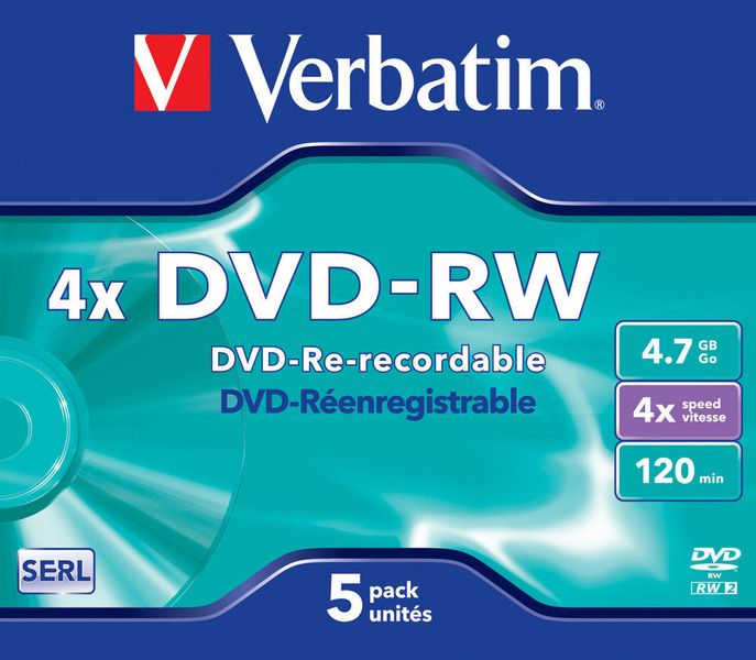 Verbatim DVD-RW Matt Silver 4X 4.7GB - Jewel Case (5 Pack)