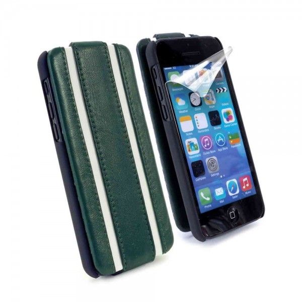 Tuff-Luv Genuine Napa Leather Grip-Style Case Cover for iPhone 5/5S- Racing Stripe Green with White Stripes
