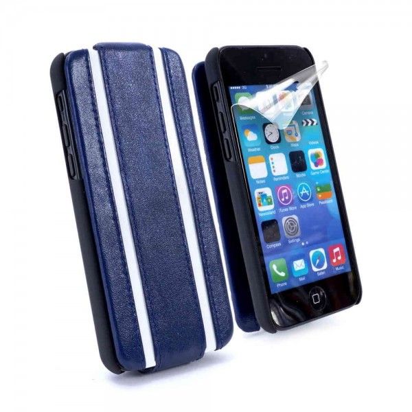 Tuff-Luv Genuine Napa Leather Grip-Style Case Cover for iPhone 5/5S- Racing Stripe Blue with White Stripes