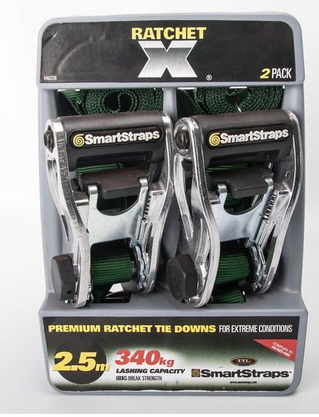 SmartStraps - 2.5m RatchetX Pad Tie Downs - Green - 2 Pack