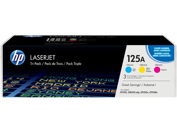 HP 125A 3-Pack Cyan/Magenta/Yellow LaserJet Toner Cartridges