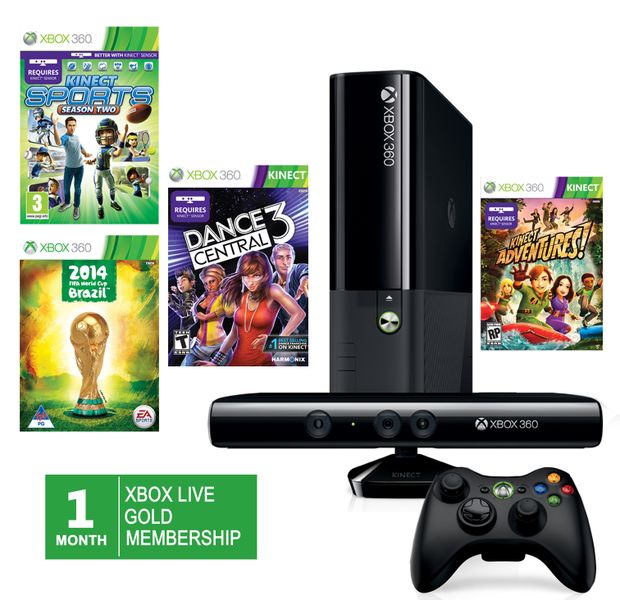Xbox360 4gig Console + Kinect Adventures + Dance Central 3 + 1 Month Live Card + Sports Season 2 + FIFA World Cup + 1 Controller (Xbox360)
