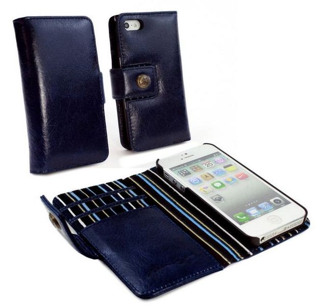 Tuff-Luv Vintage Genuine Leather Wallet Case Cover for Apple iPhone 5 - 5s Blue Striped - Royal Blue