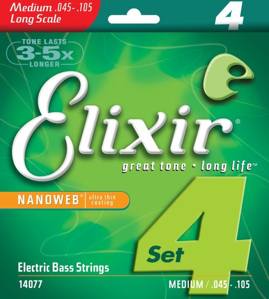 Elixir 14077 Nanoweb Nickel Plated 4 String Long Scale Medium Bass Guitar Strings (45-105)