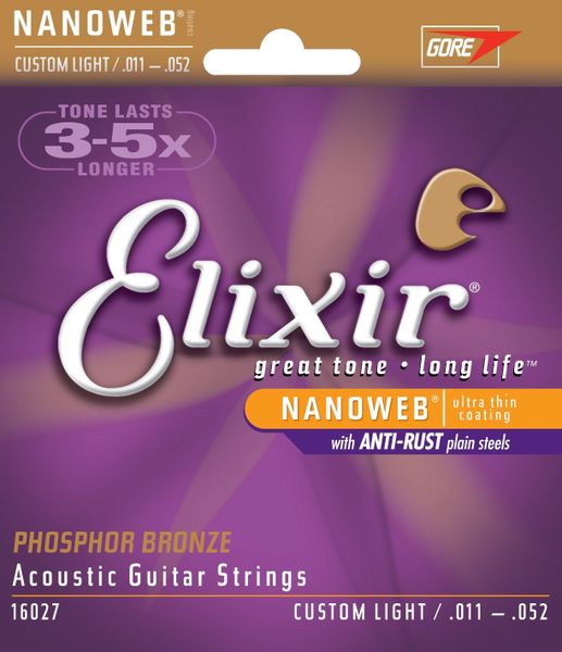 Elixir 16027 Nanoweb Phosphor Bronze Custom-Light Acoustic Guitar Strings (11-52)
