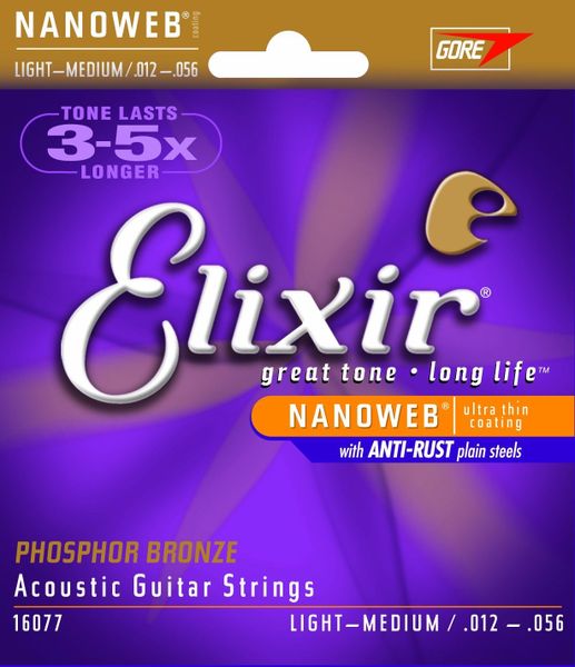 Elixir 16077 Nanoweb Phosphor Bronze Light-Medium Acoustic Guitar Strings (12-56)