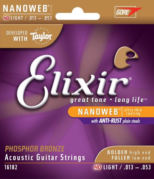 Elixir 16182 Nanoweb Phosphor Bronze HD Light Acoustic Guitar Strings (13-53)