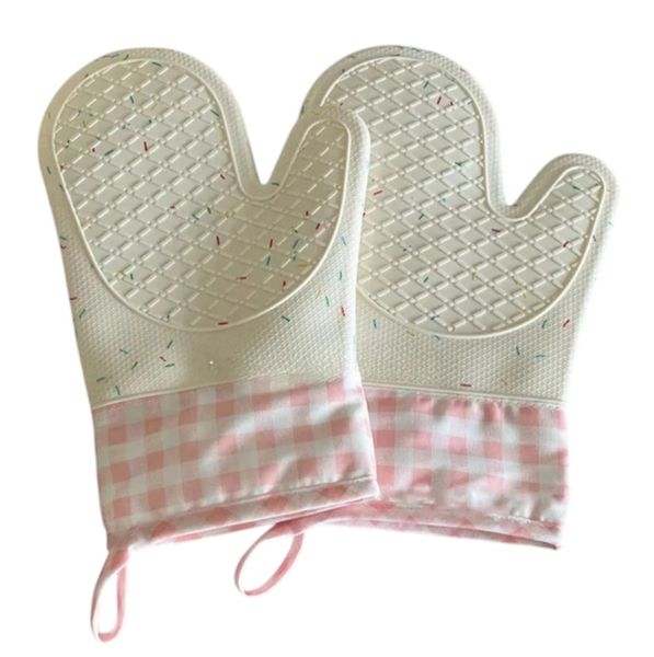 2 Piece - Heat-Resistant Silicone Oven Gloves - White/Pink