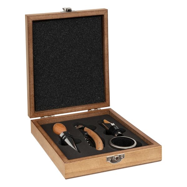 Secret et Gourmet Stainless Steel 4 Piece Wine Sommelier Set in Wooden Box