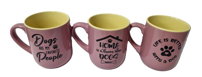 Pink Ceramic 400ml 3 Pack Mug Set with Love Dogs messages.