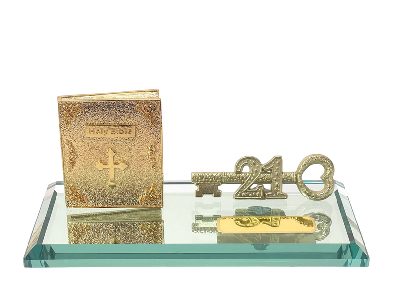 21st Key with Holy Bible on Glass Mirror base
