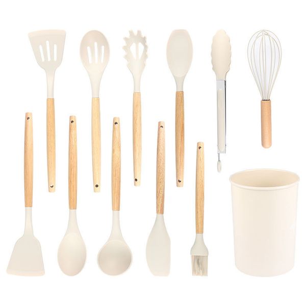 12 Pieces Non-Stick Silicon &amp; Wooden Handle Kitchen Utensil Set-White