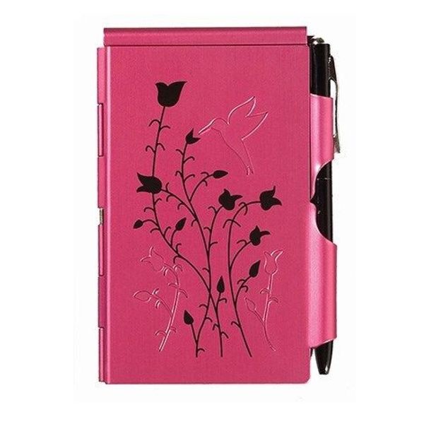 TROIKA Metal Case with Notepad &amp; Pen: FLIP NOTE RASPBERRY HUMMINGBIRD