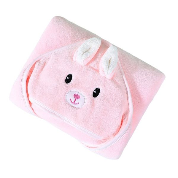 Cute Bunny Coral Fleece Baby Hooded Towel - Soft Absorbent Bath Wrap (Pink)