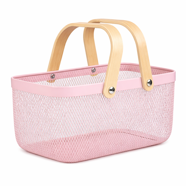Large Pink Mesh Storage Basket with Wooden Handles