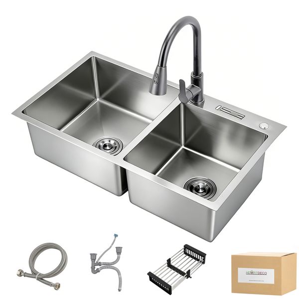 Heartdeco Double Bowl Stainless Steel Kitchen Sink Set (78 x 43cm) - Silver