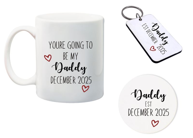 Daddy EST December 2025 Mug, Glass Coaster &amp; keyring gift Combo
