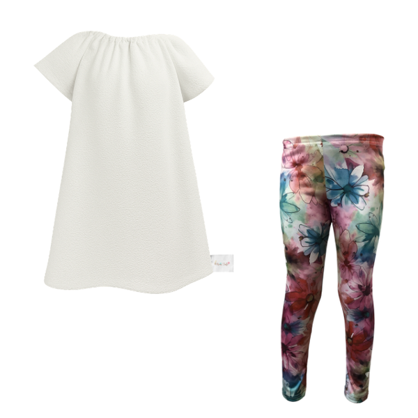 Kids- Girls Gathered Peasant Neck-Top &amp;Capri Legging-White-Duck Egg Multi