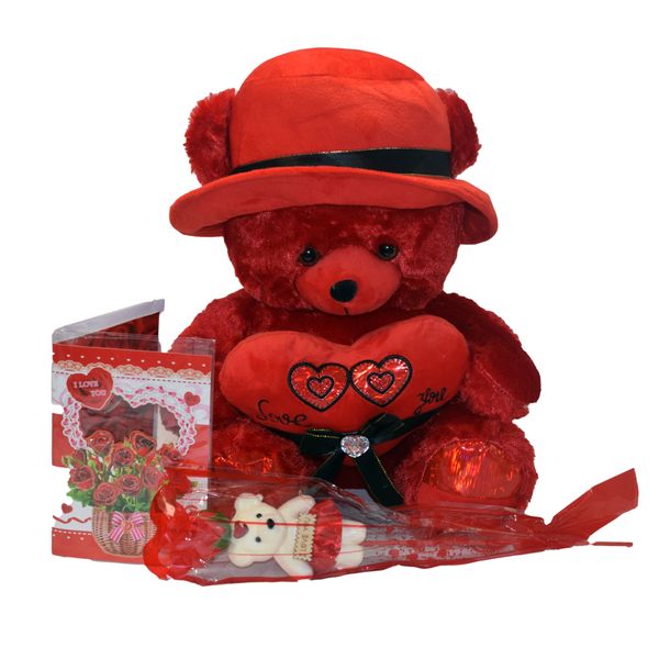 40cm Red Teddy Bear &amp; Valentine's Day Gift Card and Plastic Rose Set