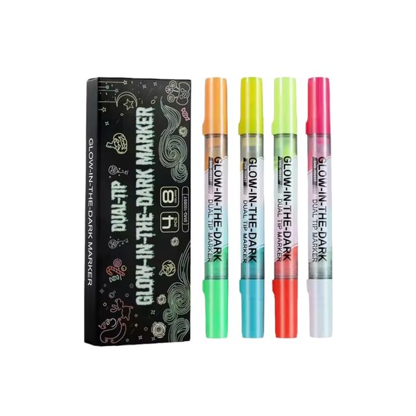 Glow-in-the-Dark 4 Dual Tip Marker Set, 8 Colors, 1 - 6 mm Fiber Nib Width
