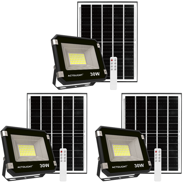 3 x Actolight Premium Solar Rechargeable Flood Light - 30W