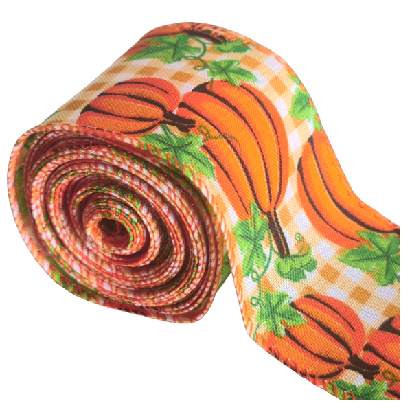 Pumpkin &amp; Orange Check Halloween Ribbon - 63mm x 3m Wired Edge
