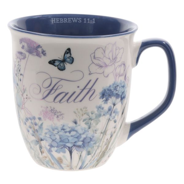 Mug with Blue Interior - Faith, Floral, Vintage Butterfly
