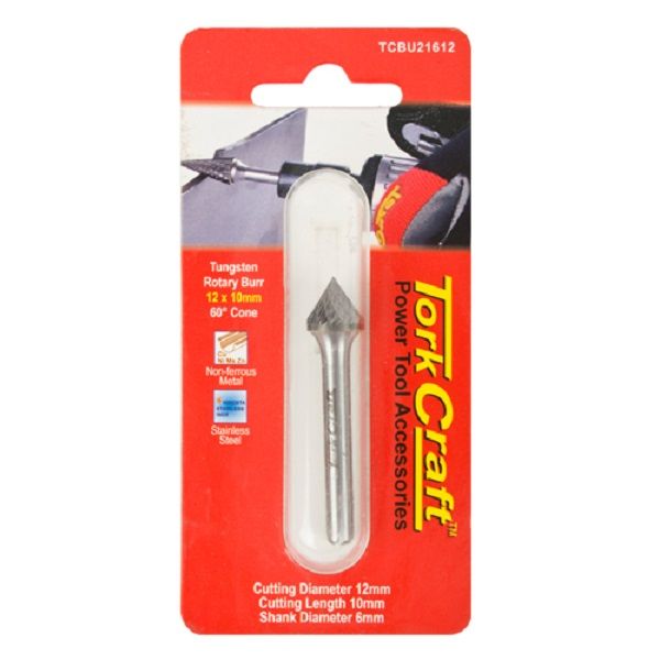 Tork Craft - Rotary Burr Tungsten 12x10x6mm 60 Degree Cone - 4 Pack
