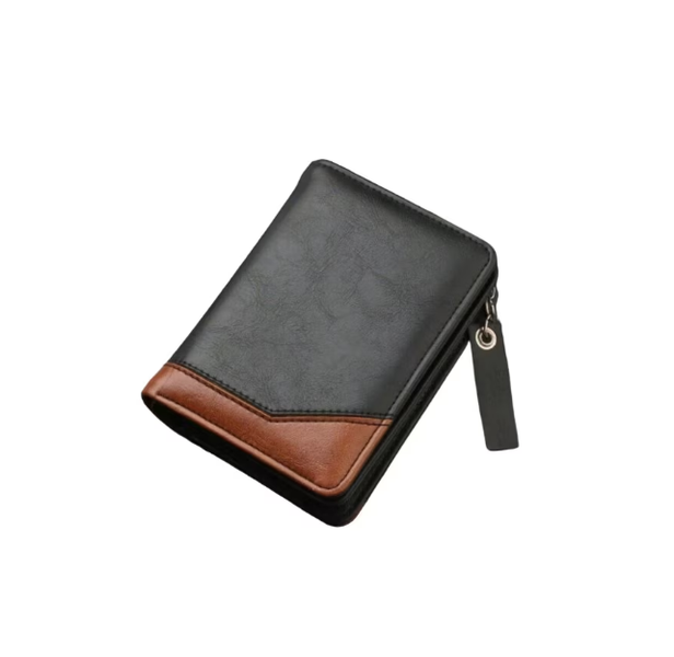 Men's Zipper Wallet, Multiple Card Slots, Cash Compartment, Black-Brown