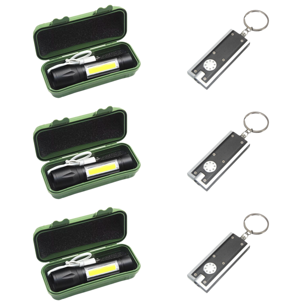 Mini Alloy USB Rechargeable Torch Flashlight &amp; LED Keyring Torch - 3 Pack