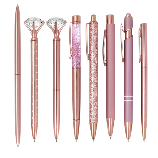 Elegant 8-Piece Rose Gold Luxury Metal Pen Set , Black Ink, Gift Box