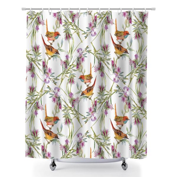 Botanical Bird Print Bath Curtain Bathroom Decor, 180x180cm Luxury Backdrop