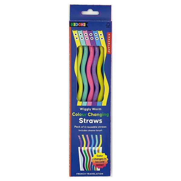 Kidoki Wiggly Worm Color Changing Straws - 6pc incl cleaning brush