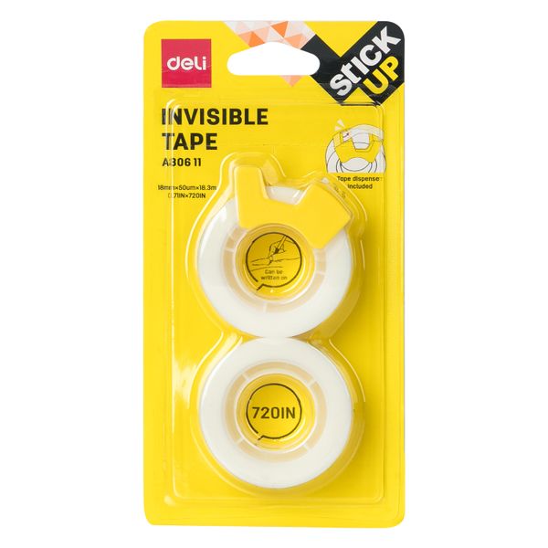DELI 2CARD Invisible Tape with Dispenser 18mm x 18.3m - 2 Roll Blister Pack