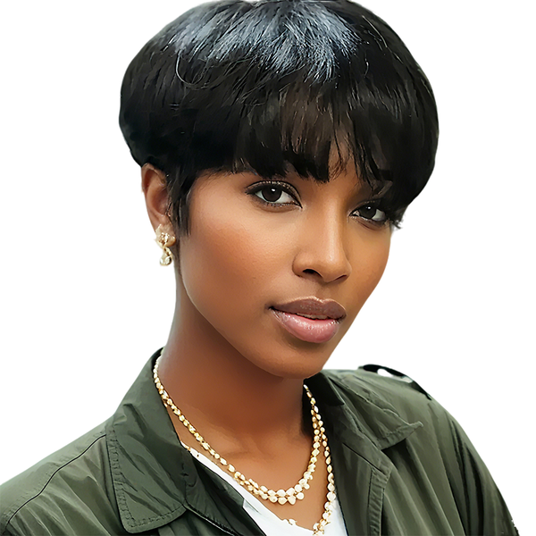 Natural Black Pixie Wig with Fringe - Easy to Wear Wig straight style