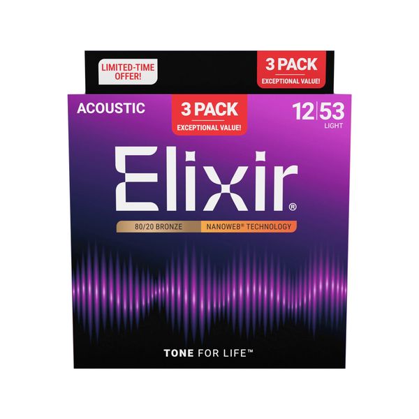 Elixir Nanoweb 80/20 Bronze Light Acoustic Guitar Strings (12-53)-3 Pack