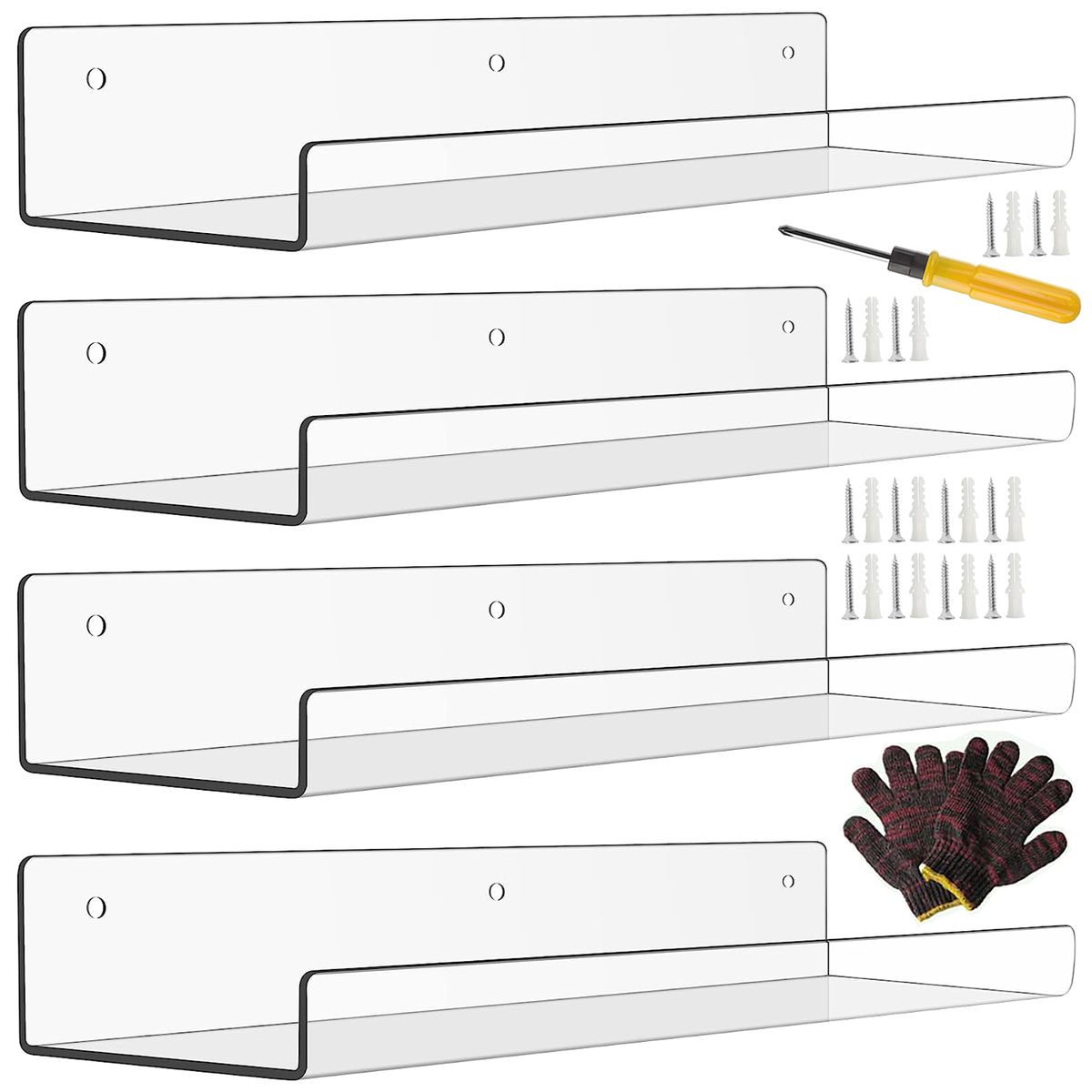 Large 4 Pack Clear Acrylic Shelves For Wall Storage Decor Floating Shelf