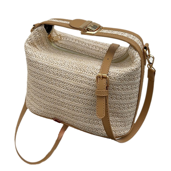 Fashionable Straw Cross-Body Bag Handbag White Patchwork Khaki