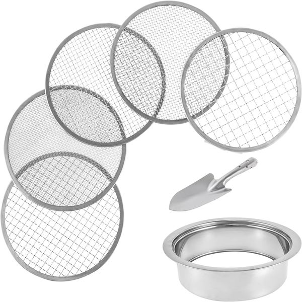7Pcs Stainless Steel Soil Sieve Set with 5 Sieve-inserts (1,3,6,9,12mm)