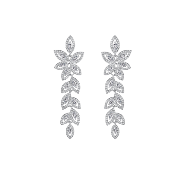Flower Fantasy Cubic Zirconia Leaf Chandelier Drop Earrings in Rhodium