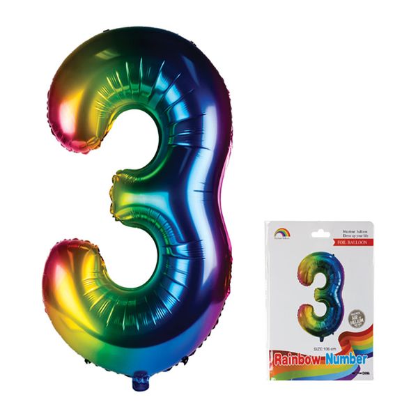 Balloon - Aluminium Foil - Metallic Rainbow - Number 3 - 106cm - 2 Pack